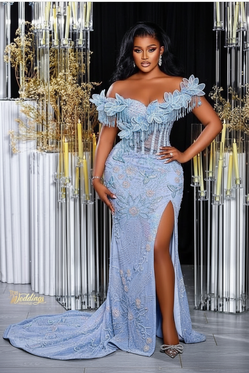 Dusty blue off-the-shoulder split-front mermaid prom dress