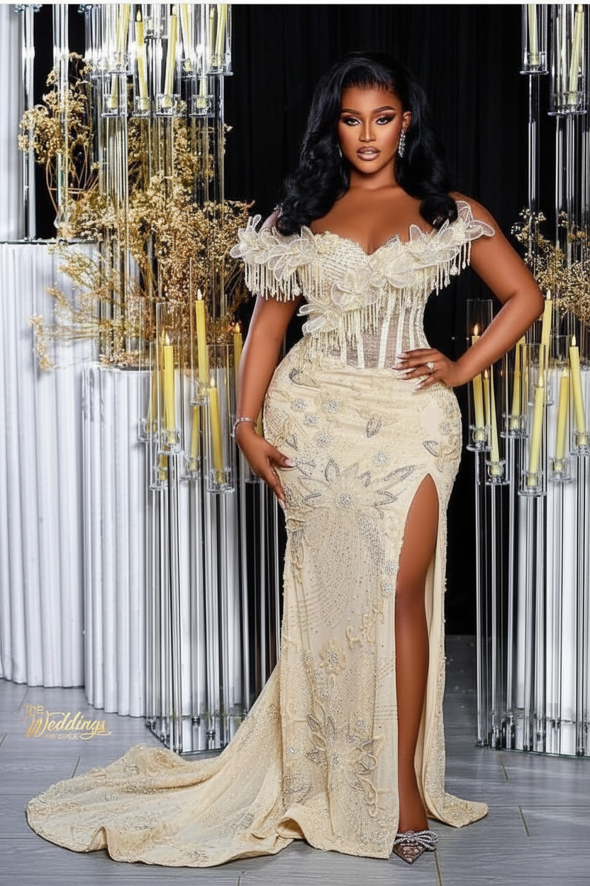 Champagne off-the-shoulder split-front mermaid prom dress