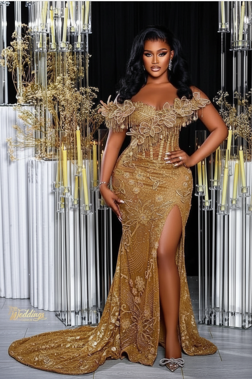Gold off-the-shoulder split-front mermaid prom dress