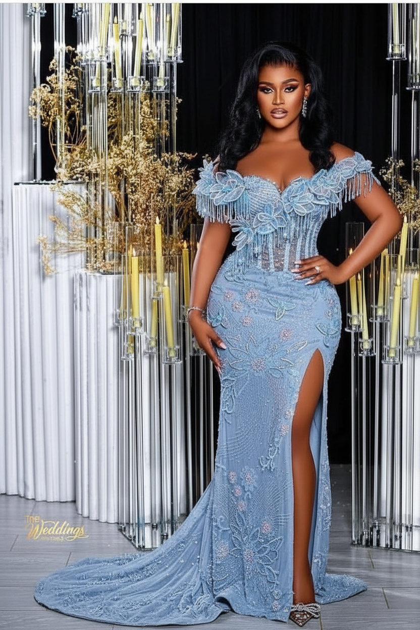 Dusty blue off-the-shoulder split-front mermaid prom dress