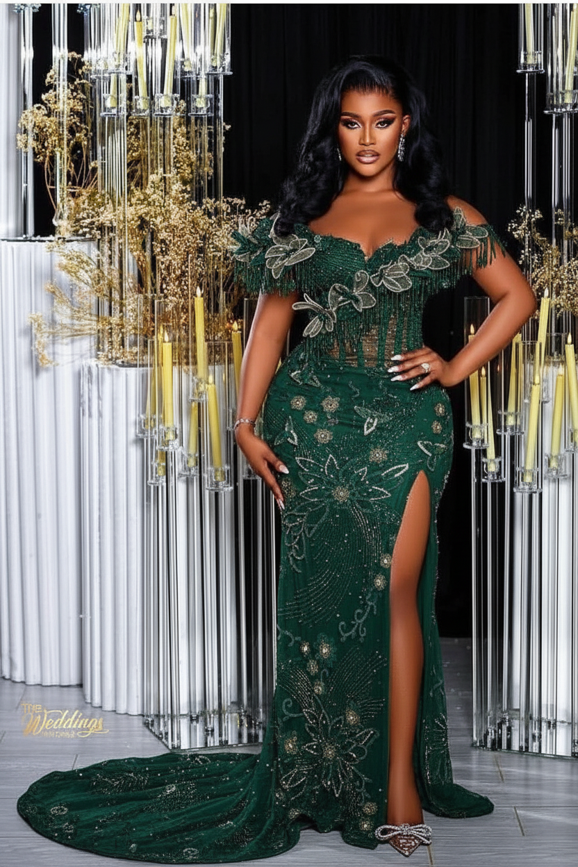 Dark green off-the-shoulder split-front mermaid prom dress