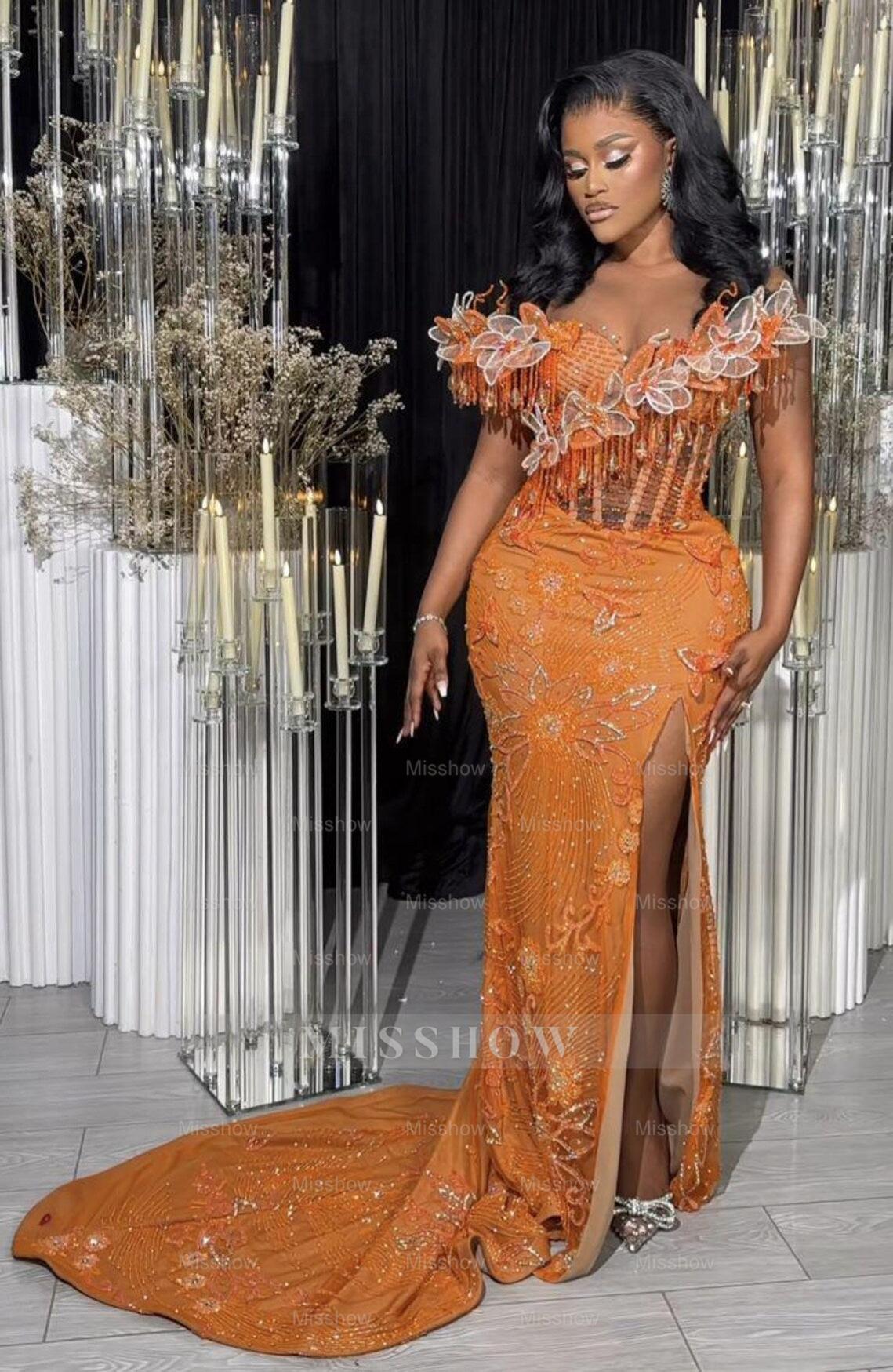 Orange off-the-shoulder split-front mermaid prom dress