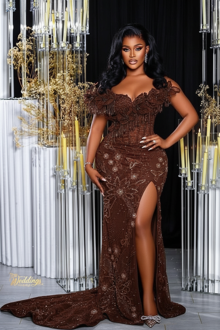 Chocolate off-the-shoulder split-front mermaid prom dress
