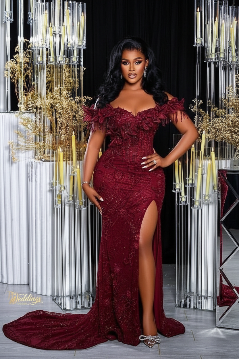 Burgundy off-the-shoulder split-front mermaid prom dress