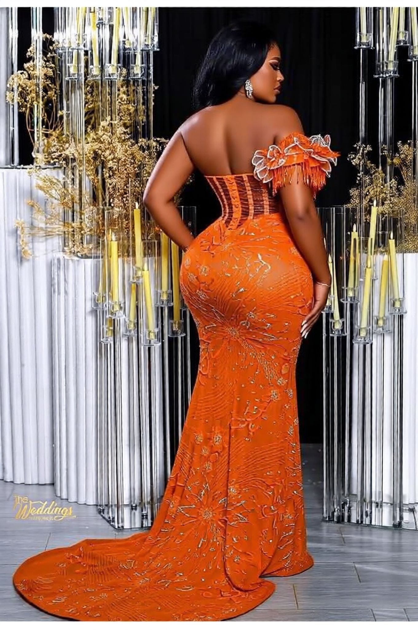 Orange off-the-shoulder split-front mermaid prom dress