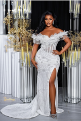 White off-the-shoulder split-front mermaid prom dress