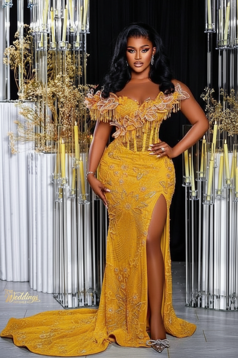 Gold off-the-shoulder split-front mermaid prom dress