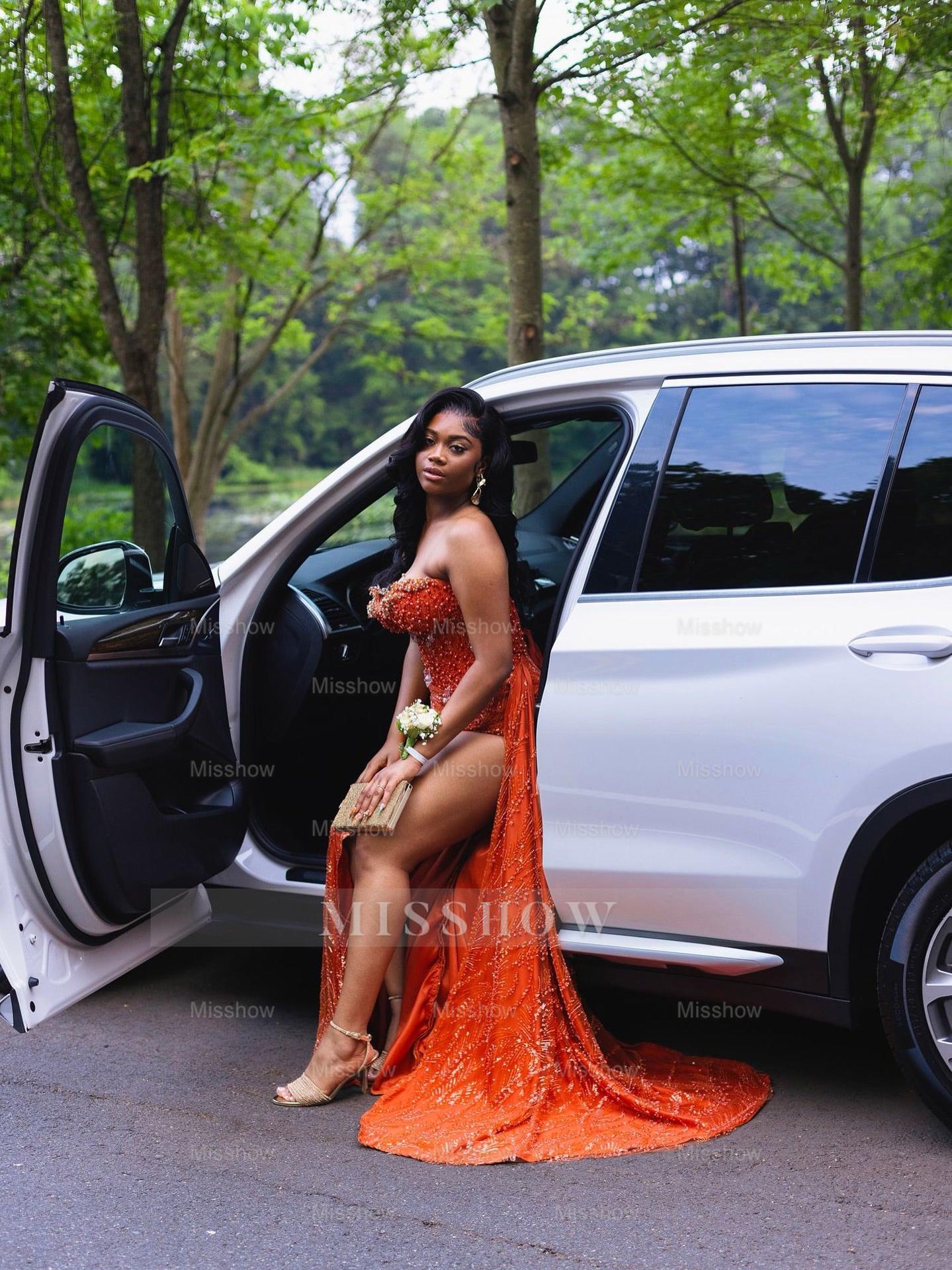 Glamorous Long Orange Sleeveless Sequined Lace Prom Dress with Slit