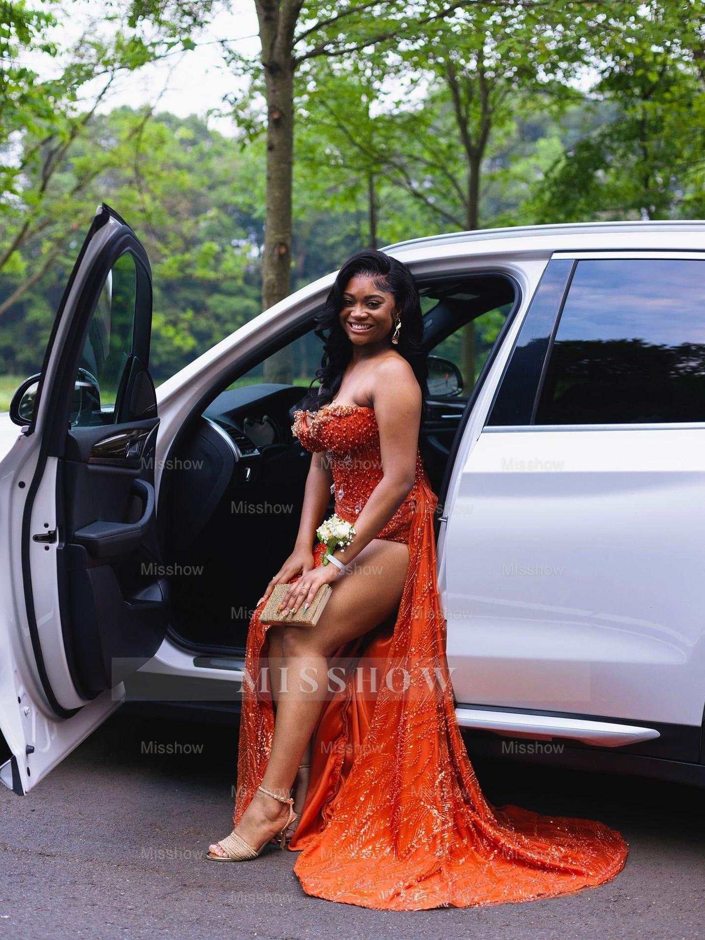 Glamorous Long Orange Sleeveless Sequined Lace Prom Dress with Slit
