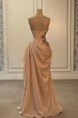 Glamorous Long Peach Strapless Sweetheart Satin Chiffon Sleeveless Prom Evening Dresses with Beads