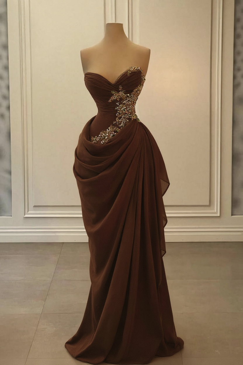 Glamorous Long Peach Strapless Sweetheart Satin Chiffon Sleeveless Prom Evening Dresses with Beads
