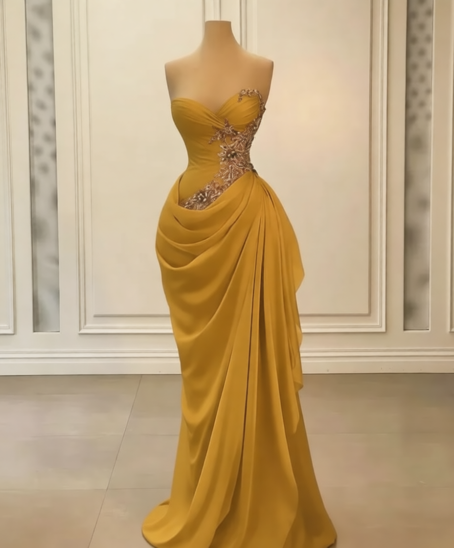 Glamorous Long Peach Strapless Sweetheart Satin Chiffon Sleeveless Prom Evening Dresses with Beads