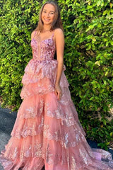 Glamorous Long Pink A-line Spaghetti Straps Lace Prom Dress