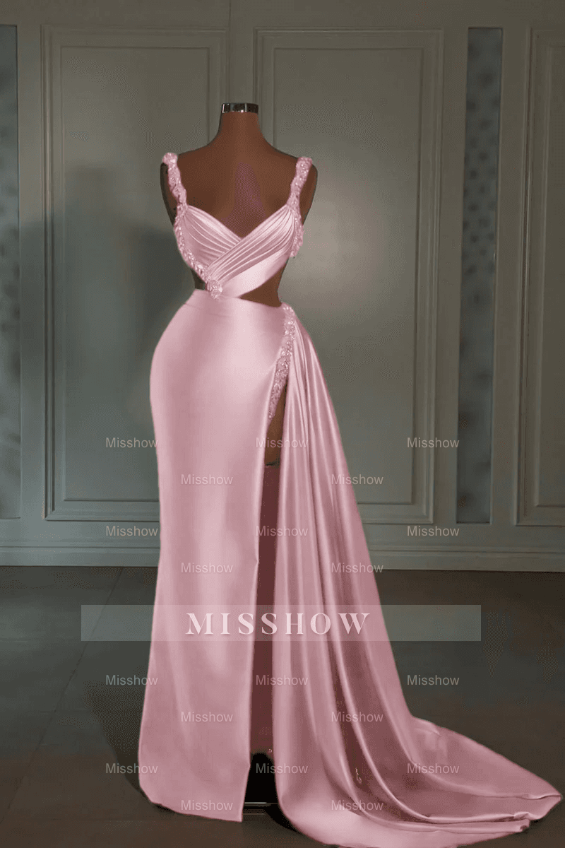 Glamorous Long Pink Straps Satin Split Front Beading Prom Dress with Ruffles Glamorous Long Pink Straps Satin Split Front Beading Prom Dress with Ruffles