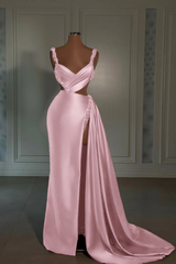 Glamorous Long Pink Straps Satin Split Front Beading Prom Dress With Ruffles