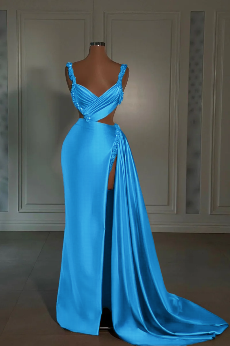 Glamorous Long Pink Straps Satin Split Front Beading Prom Dress With Ruffles