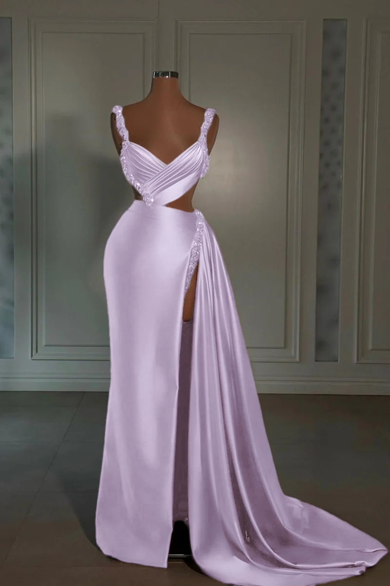 Glamorous Long Pink Straps Satin Split Front Beading Prom Dress With Ruffles