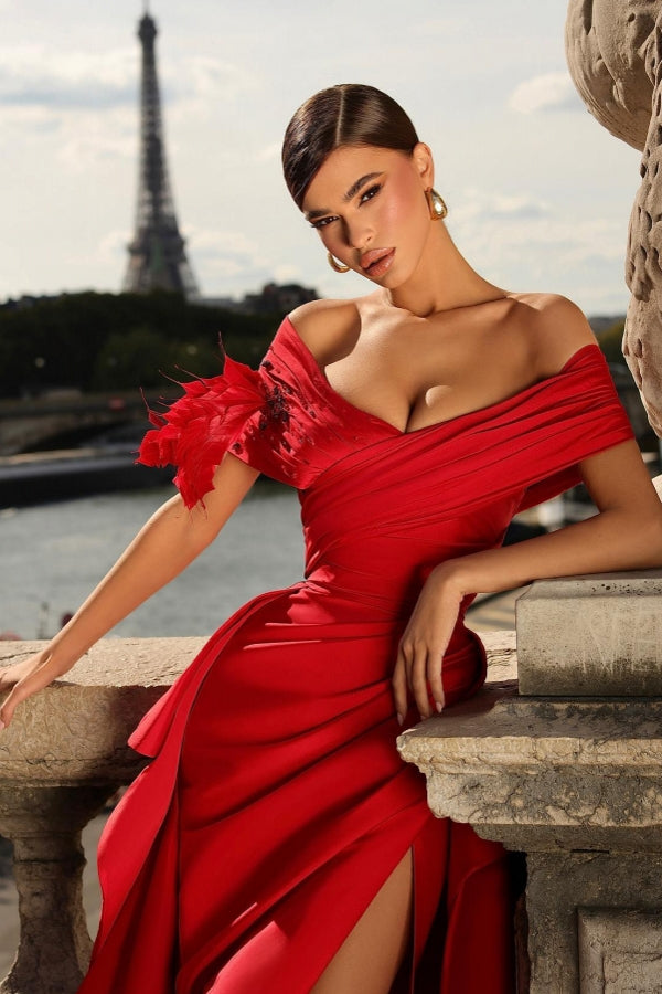 Glamorous Long Red A-line Off-the-shoulder Ruffles Prom Evening Dresses with Slit