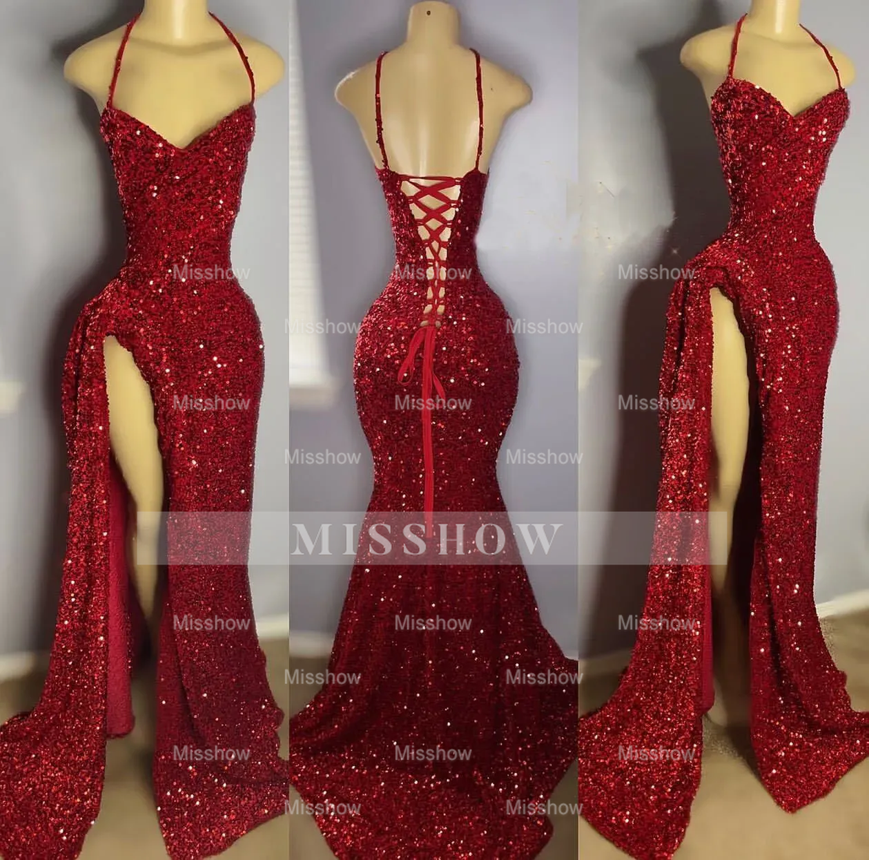 Red v-neck split-front mermaid prom dress
