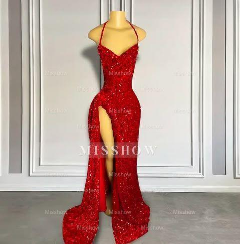 Red v-neck split-front mermaid prom dress