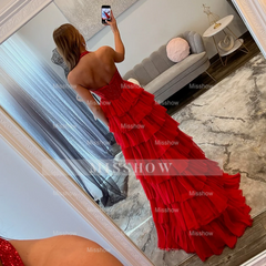 Glamorous Long Red Halter A-line Glitter Prom Dress with Slit and Ruffles