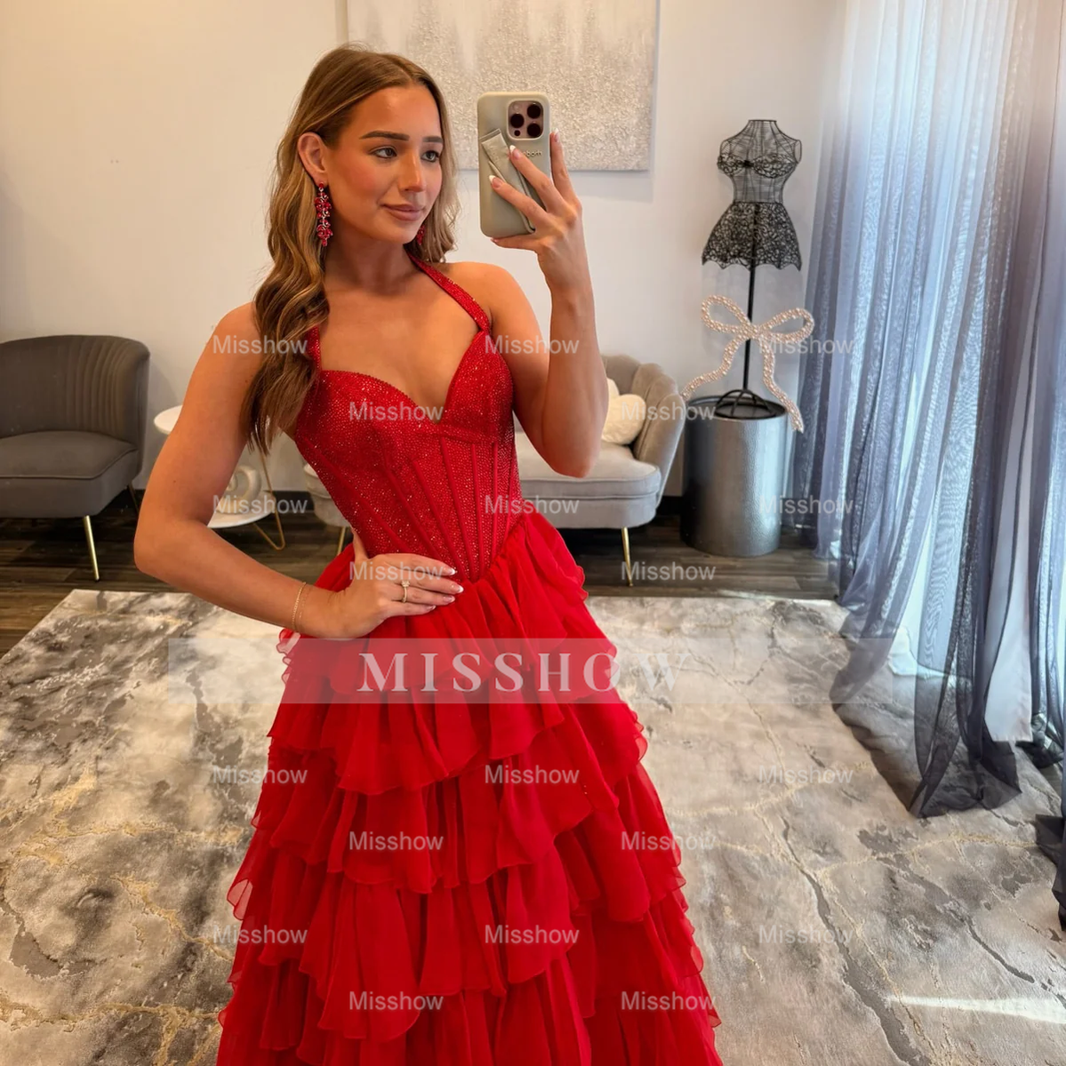 Glamorous Long Red Halter A-line Glitter Prom Dress with Slit and Ruffles