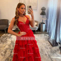 Glamorous Long Red Halter A-line Glitter Prom Dress with Slit and Ruffles