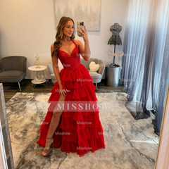 Glamorous Long Red Halter A-line Glitter Prom Dress with Slit and Ruffles
