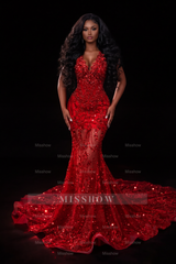 Glamorous Long Red Mermaid Halter Beaded Lace Prom Dress with Veil and Rhinestones