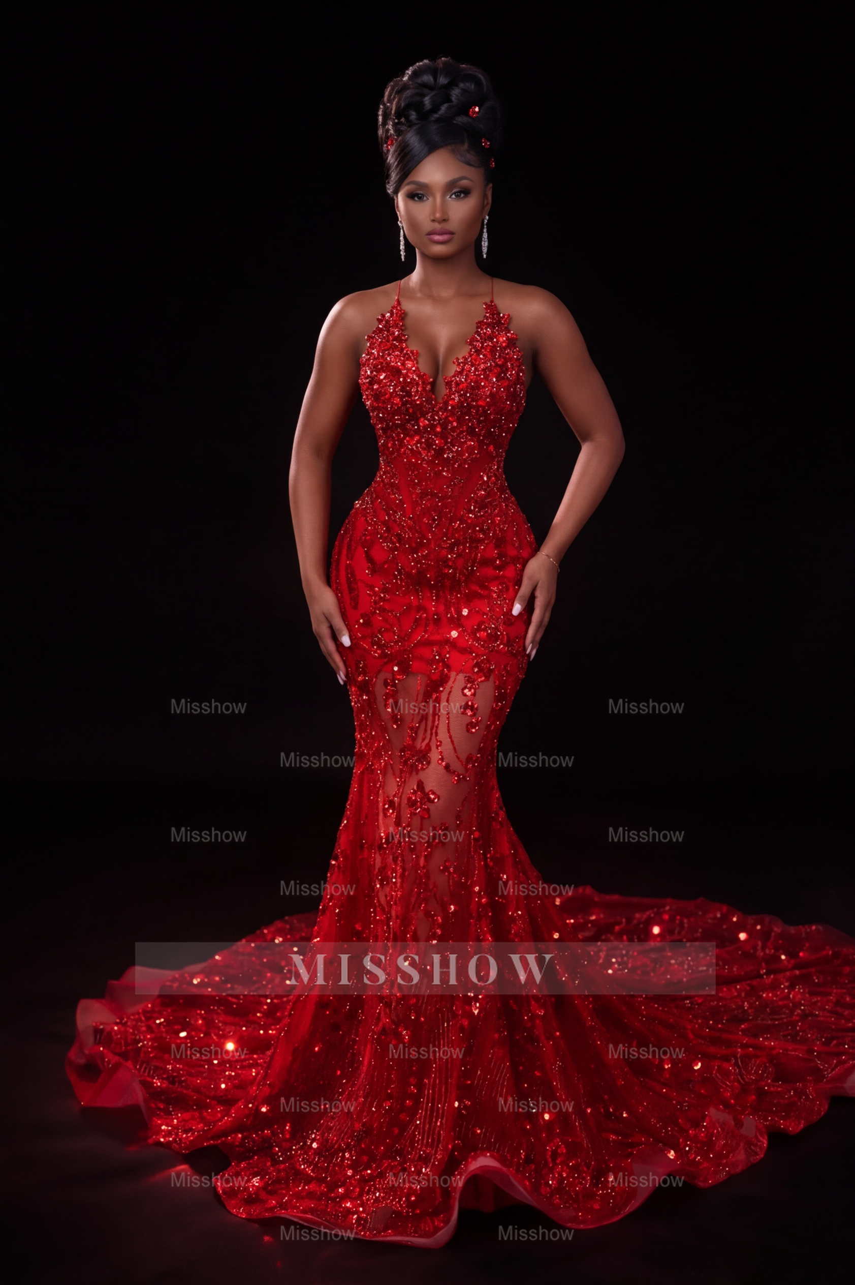 Glamorous Long Red Mermaid Halter Beaded Lace Prom Dress with Veil and Rhinestones