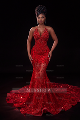 Glamorous Long Red Mermaid Halter Beaded Lace Prom Dress with Veil and Rhinestones