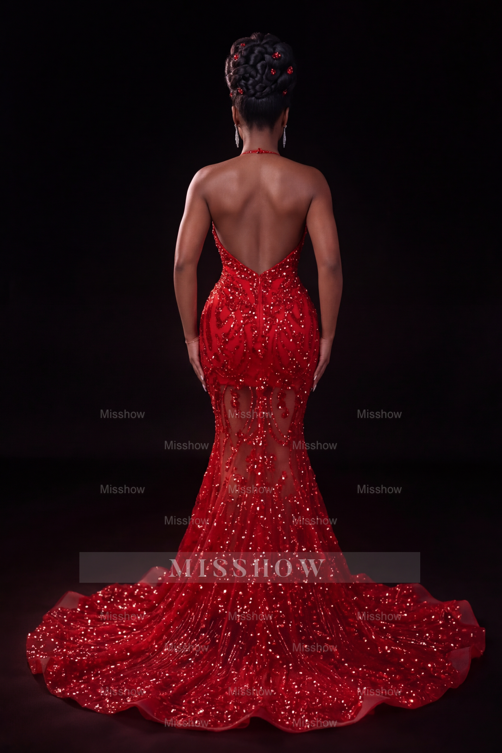 Glamorous Long Red Mermaid Halter Beaded Lace Prom Dress with Veil and Rhinestones