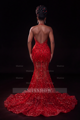 Glamorous Long Red Mermaid Halter Beaded Lace Prom Dress with Veil and Rhinestones