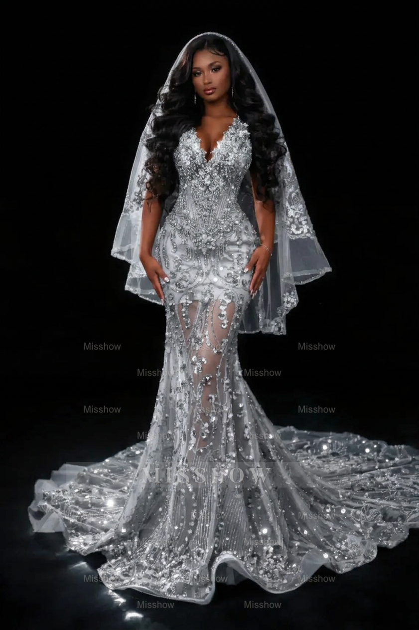 Glamorous Long Red Mermaid Halter Beaded Lace Prom Dress with Veil and Rhinestones