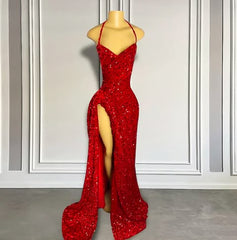 Glamorous Long Red Mermaid Straps Sequied Prom Dress with Slit