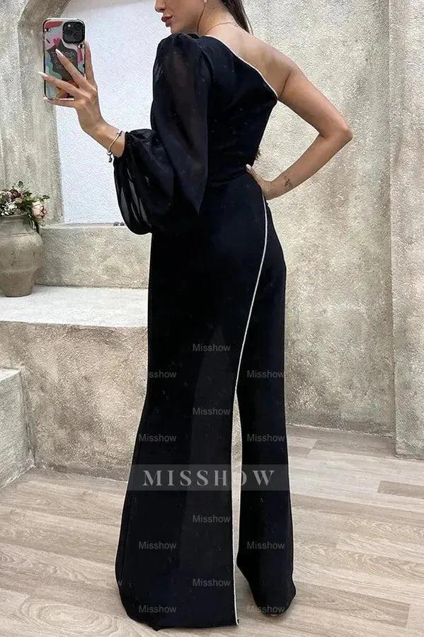 Glamorous Long Sleeves One-Shoulder Black Satin Jump Suit