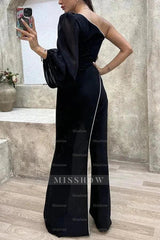 Glamorous Long Sleeves One-Shoulder Black Satin Jump Suit