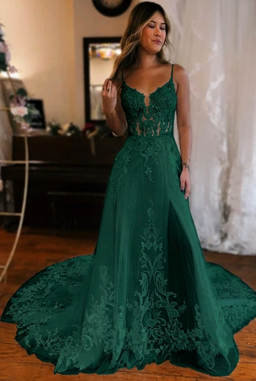 Dark green v-neck front-split A-line wedding dress