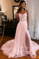 Blushing pink v-neck front-split A-line wedding dress