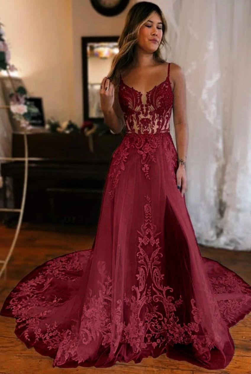 Burgundy v-neck front-split A-line wedding dress