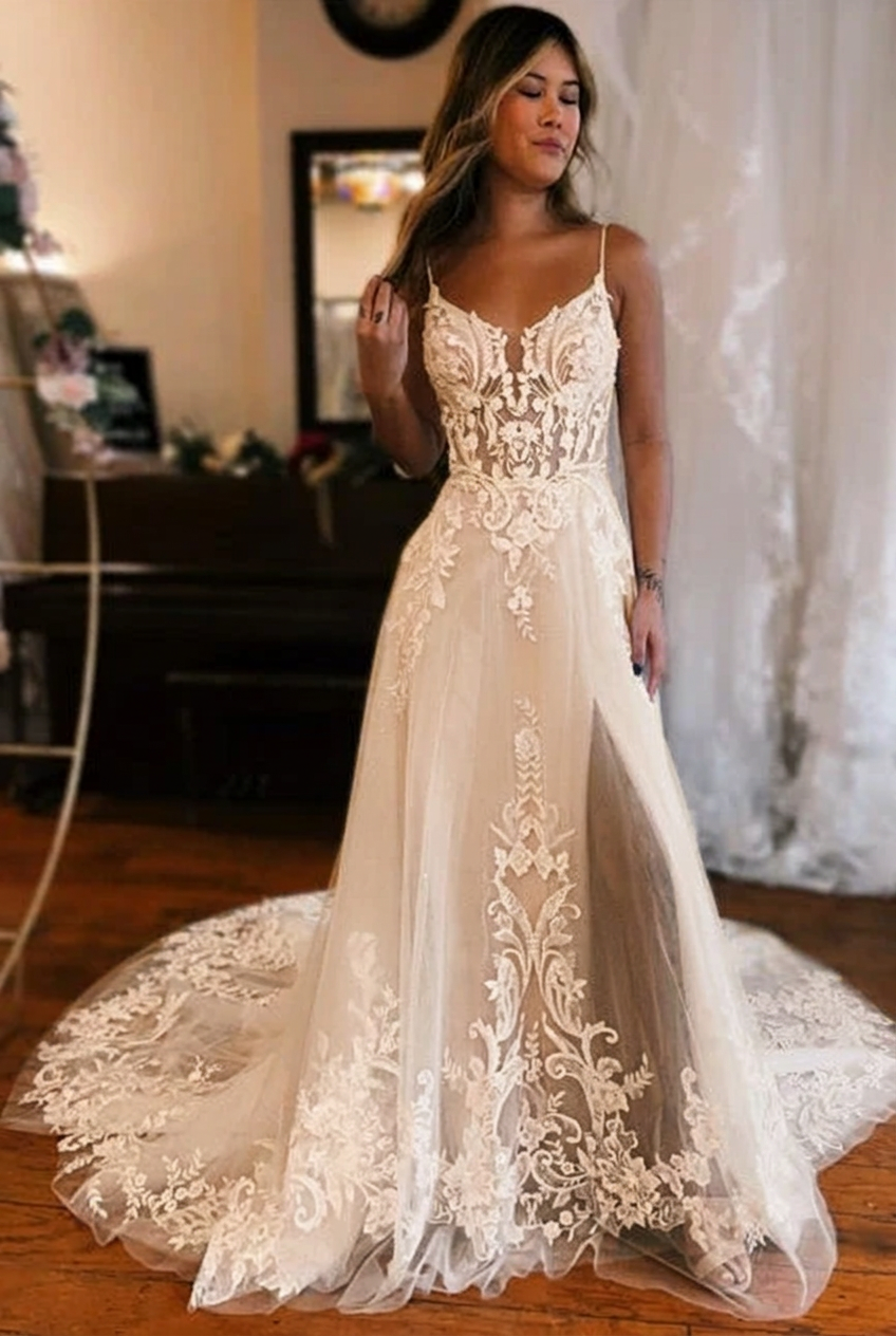 Champagne v-neck front-split A-line wedding dress