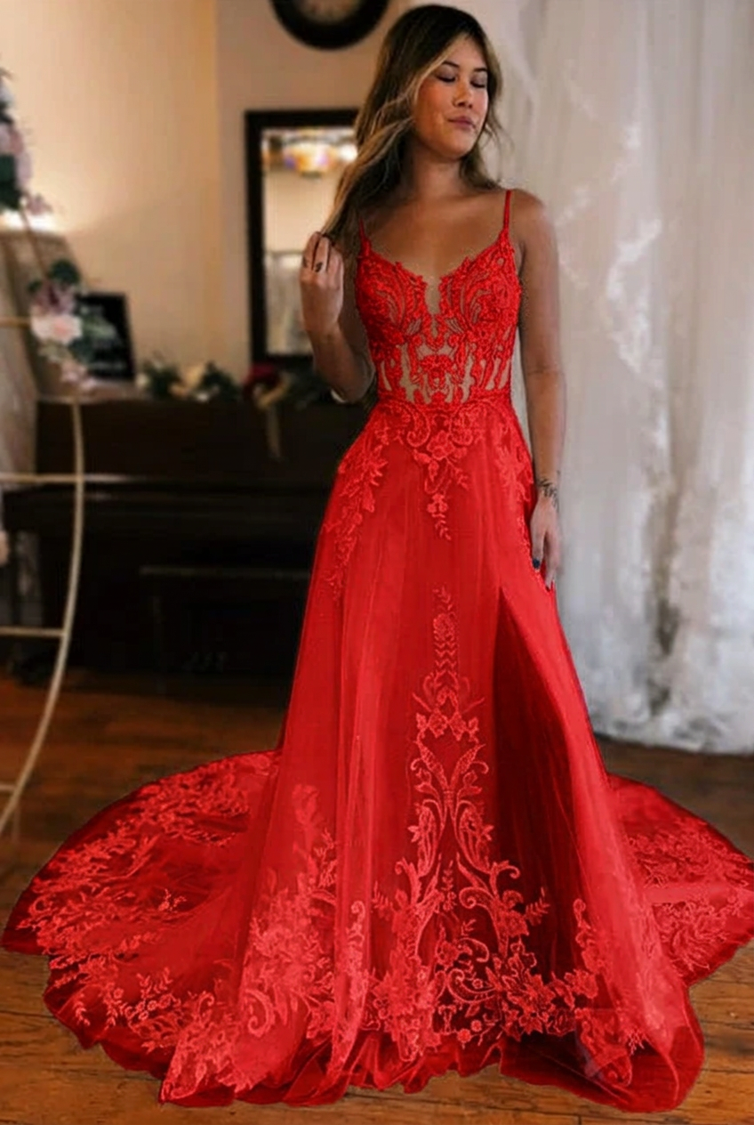 Red v-neck front-split A-line wedding dress