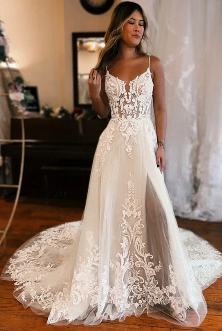 Ivory v-neck front-split A-line wedding dress