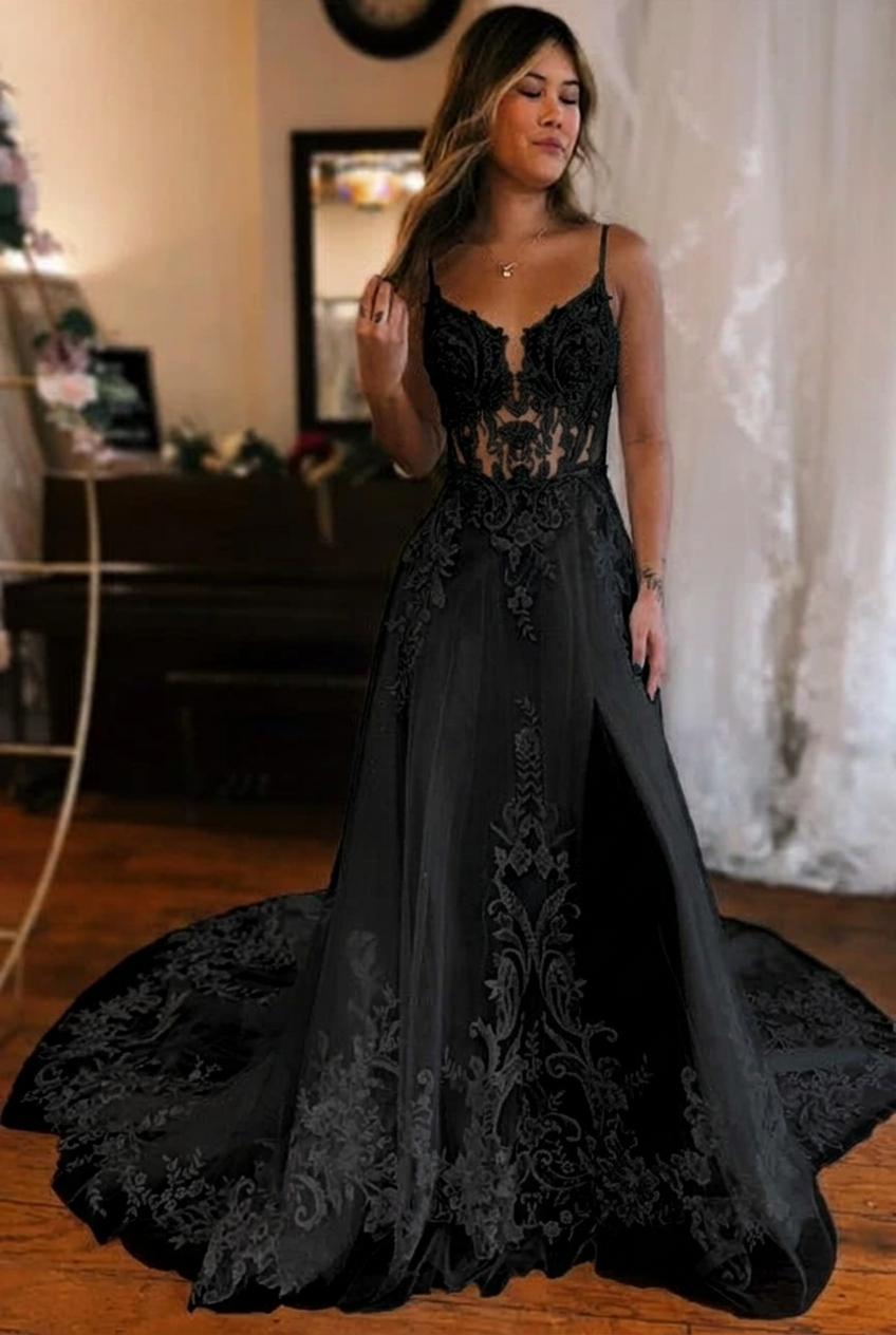 Black v-neck front-split A-line wedding dress