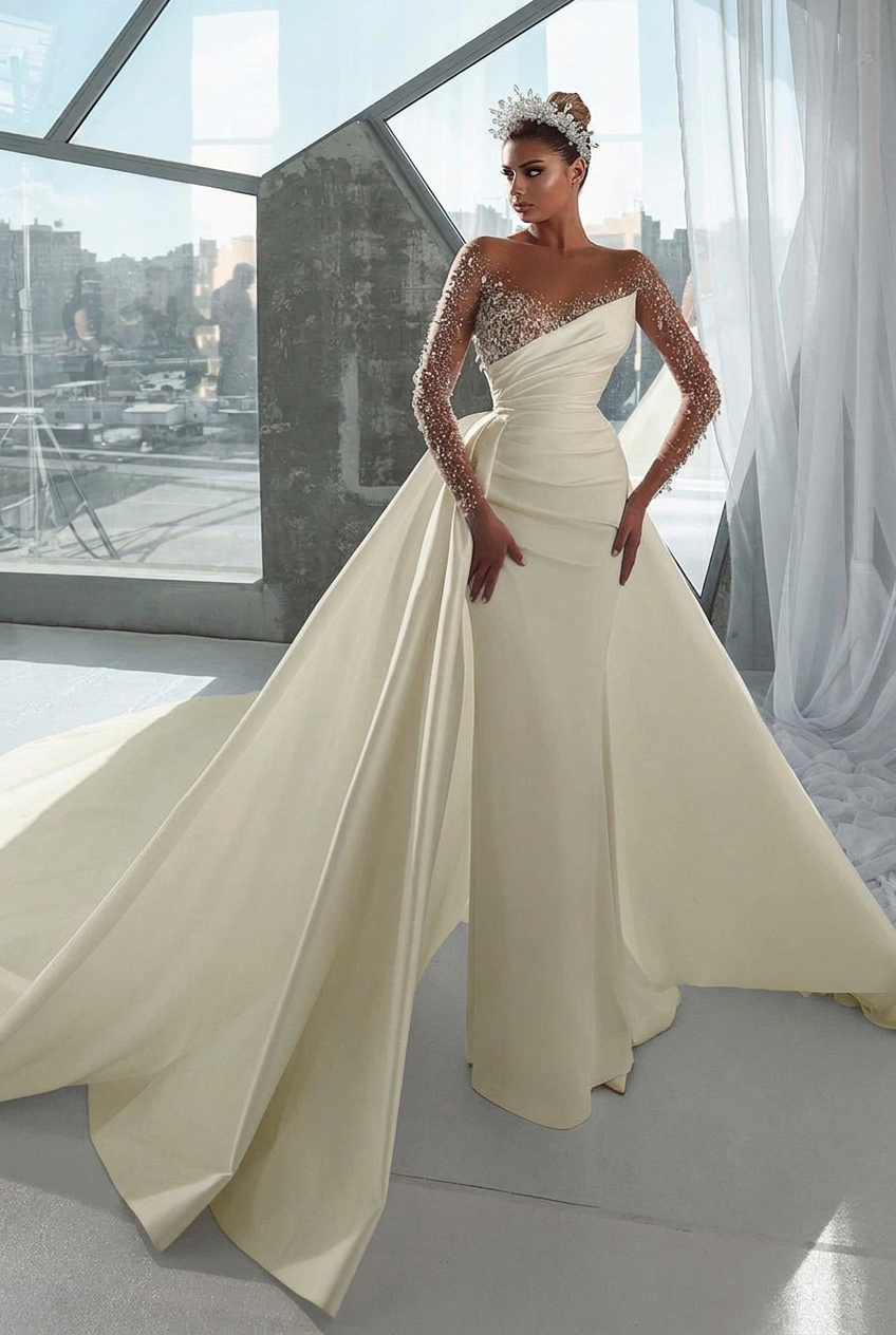 Ivory v-neck rhinestone A-line wedding dress