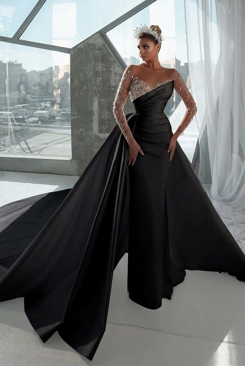 Black v-neck rhinestone A-line wedding dress