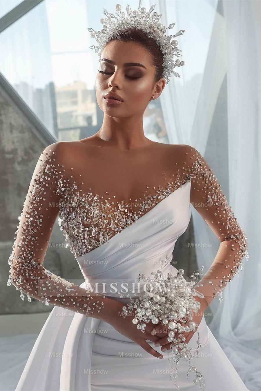 White v-neck rhinestone A-line wedding dress