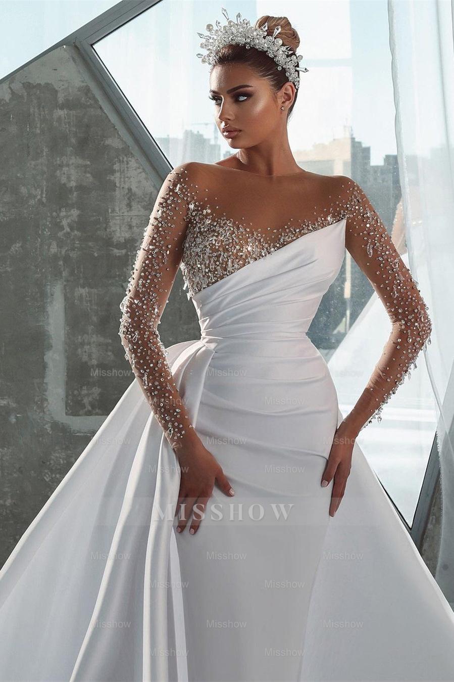 White v-neck rhinestone A-line wedding dress