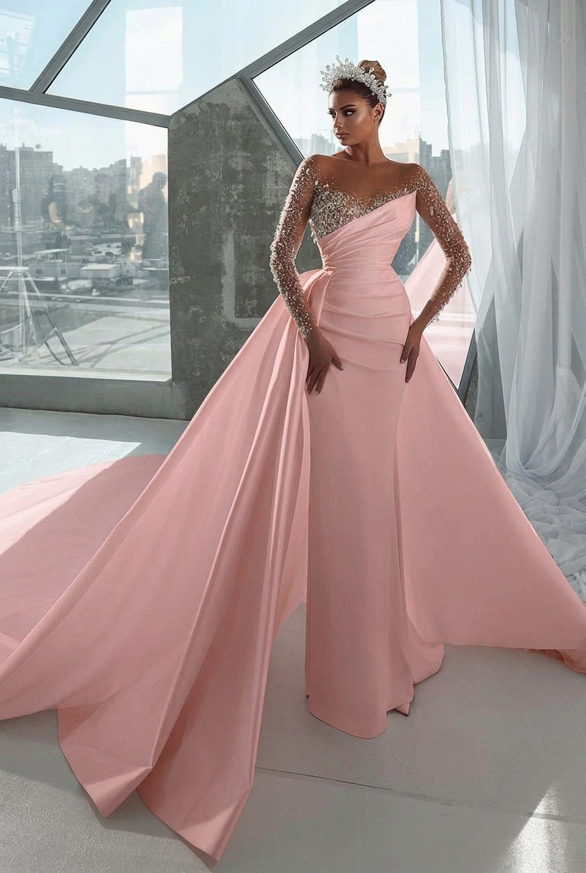 Blushing pink v-neck rhinestone A-line wedding dress