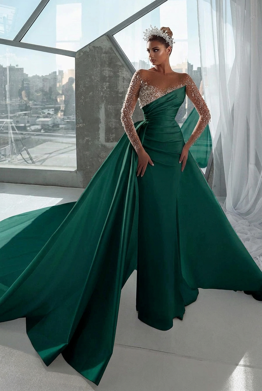 Dark green v-neck rhinestone A-line wedding dress